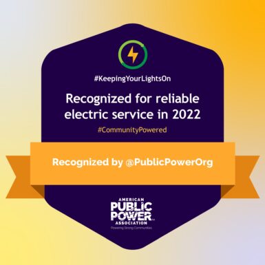A graphic with a purple badge reads, Recognized for reliable electric service in 2022. A yellow-orange ribbon says Recognized by @PublicPowerOrg. The American Public Power Association logo appears at the bottom.