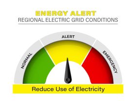 A gauge displays Energy Alert for regional electric grid conditions, with the needle pointing to the yellow Alert zone between green Normal and red Emergency. Text below reads: Reduce Use of Electricity.
